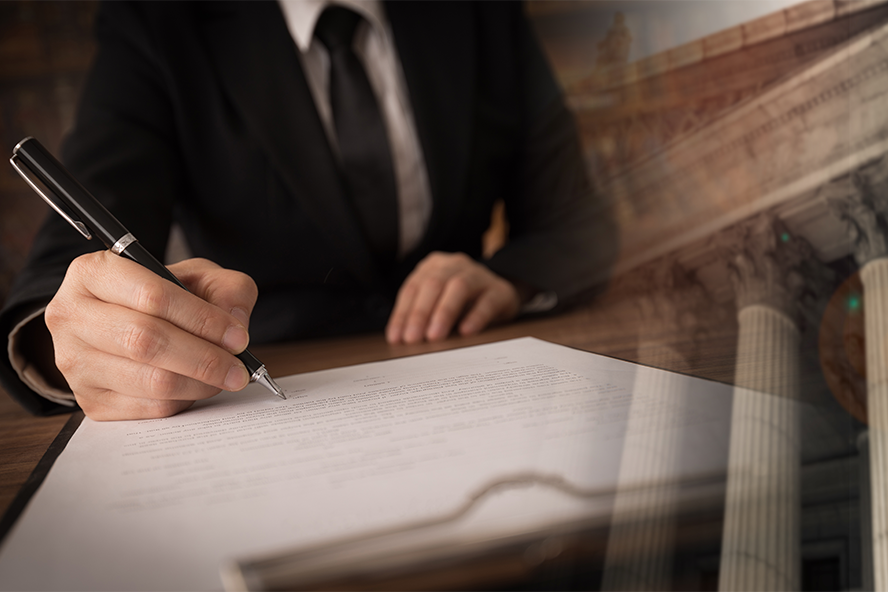 photo collage of business man signing a document and an overlay of a government building